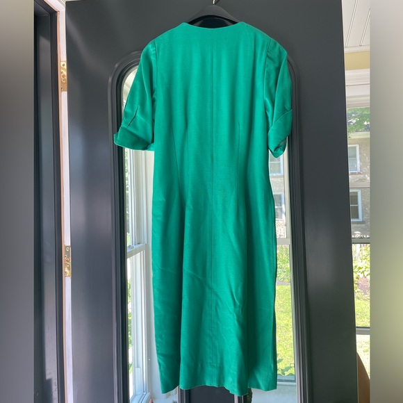 [6 or 8] NIPON Dress vintage Kelly green puffed sleeves black buttons tailored - Picture 4 of 10